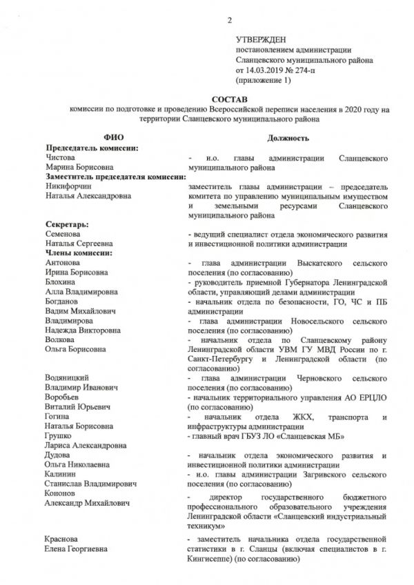 О создании комиссии по подготовке и проведению Всероссийской переписи населения в 2020 году на территории Сланцевского муниципального района